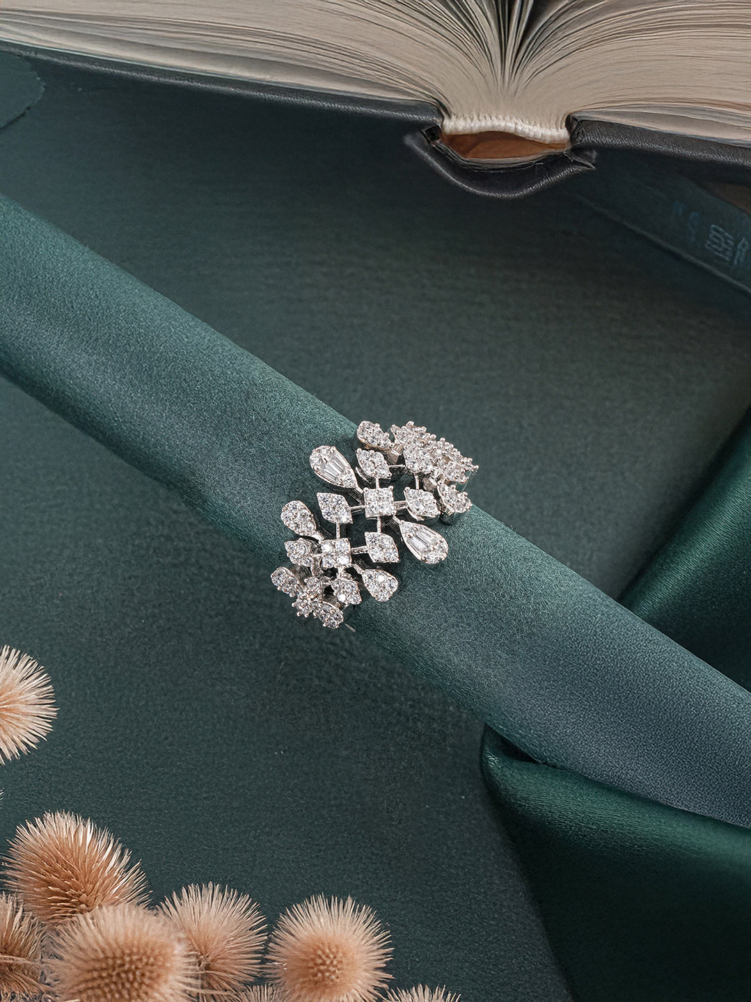 White Rhodium Plated Marquise Shaped  Zircon Studded Floral Designer Cocktail Anniversary  Finger Ring